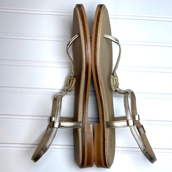 Bruno Magli Jenna Women 9.5 Gold Leather T-Strap Sandals Made in Portugal Raffia - Picture 5 of 11